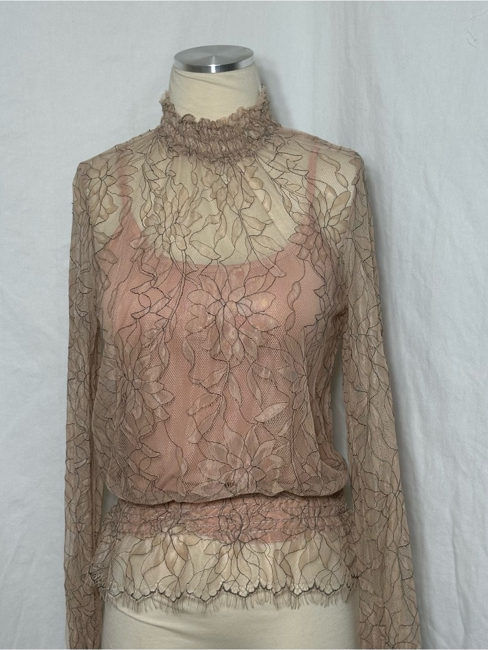Anthropologie Amadi Lee Sheer Floral Lace High-Neck Top - Blush